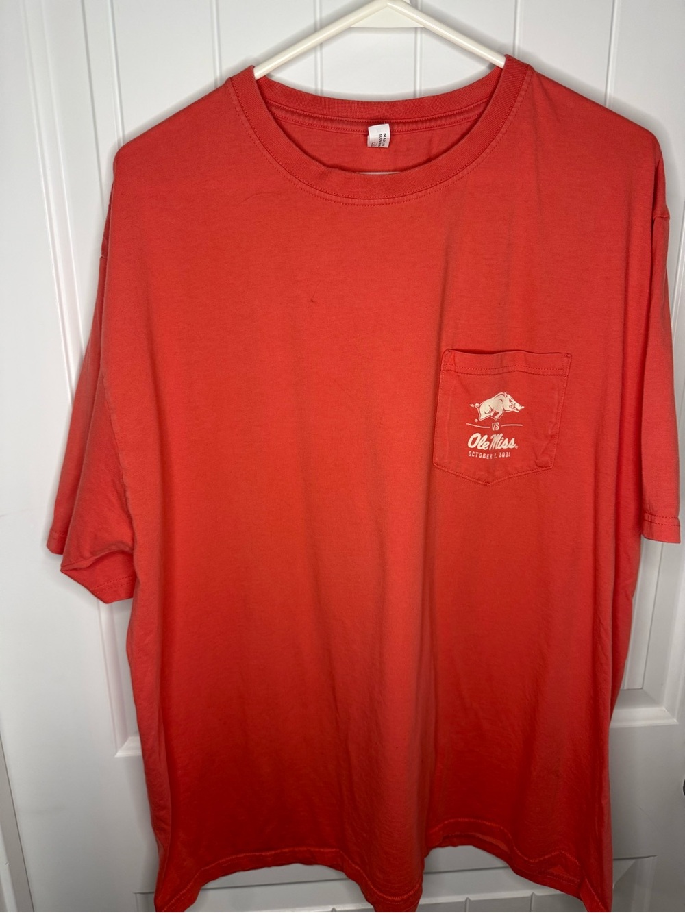 Uni of Arkansas vs. Ole Miss Pocket T-Shirt - Coral